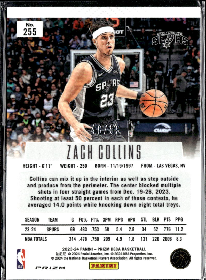 Zach Collins 2024 Panini Prizm Deca Purple /99 San Antonio Spurs