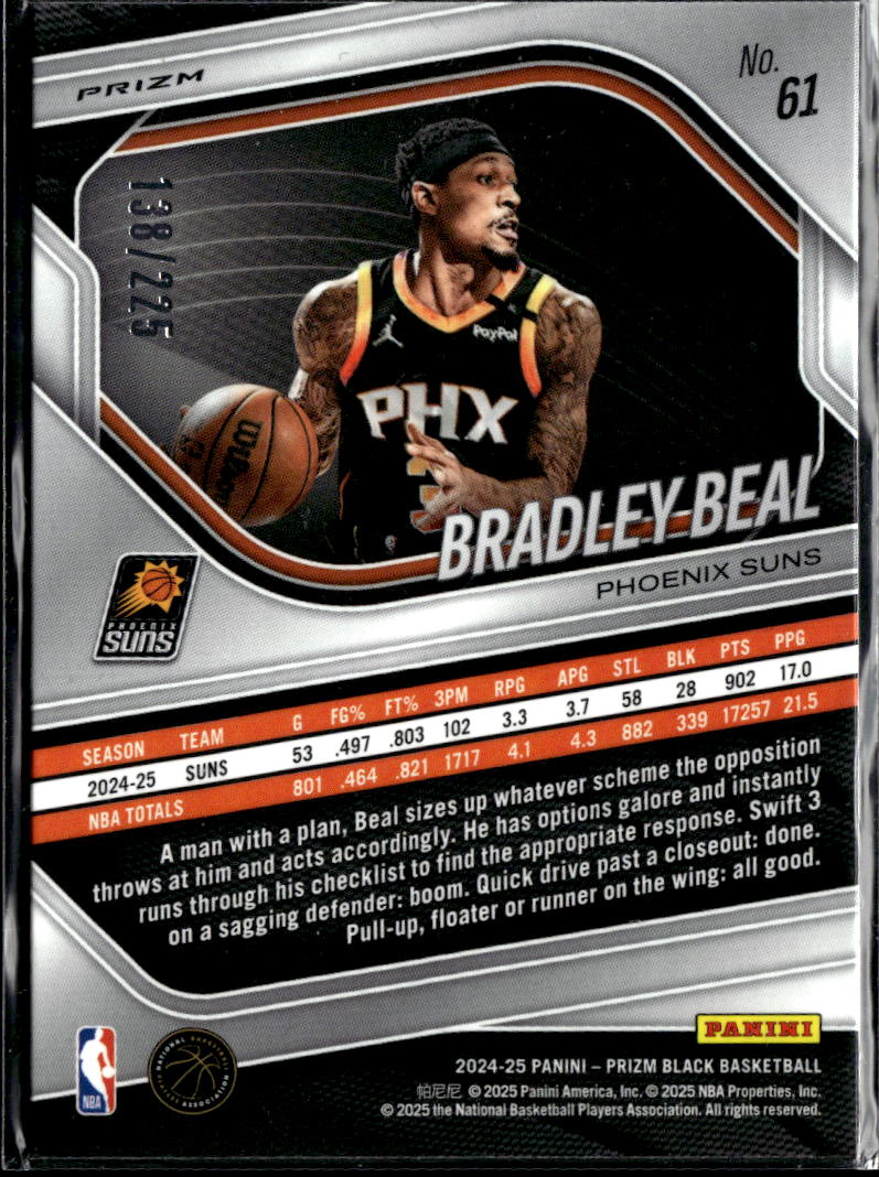 Bradley Beal 2025 Panini Prizm Black Basketball Prizm 138/225 Phoenix Suns