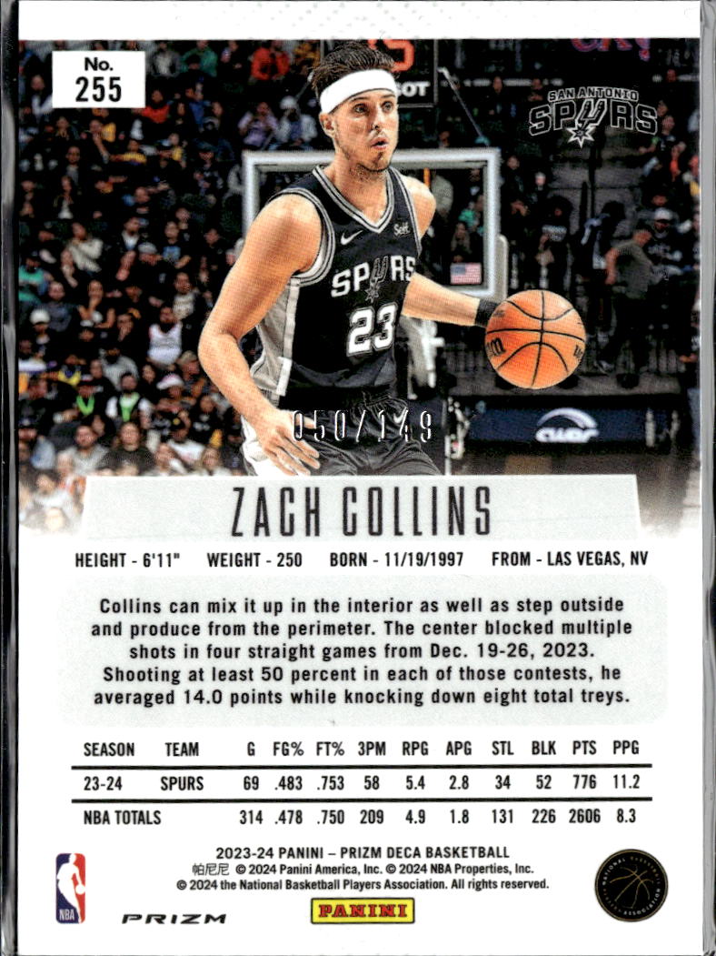 Zach Collins 2024 Panini Prizm Deca Blue 50/149 San Antonio Spurs