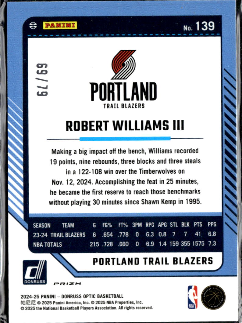 Robert Williams III 2025 Optic Pink Velocity 69/79 Portland Trail Blazers