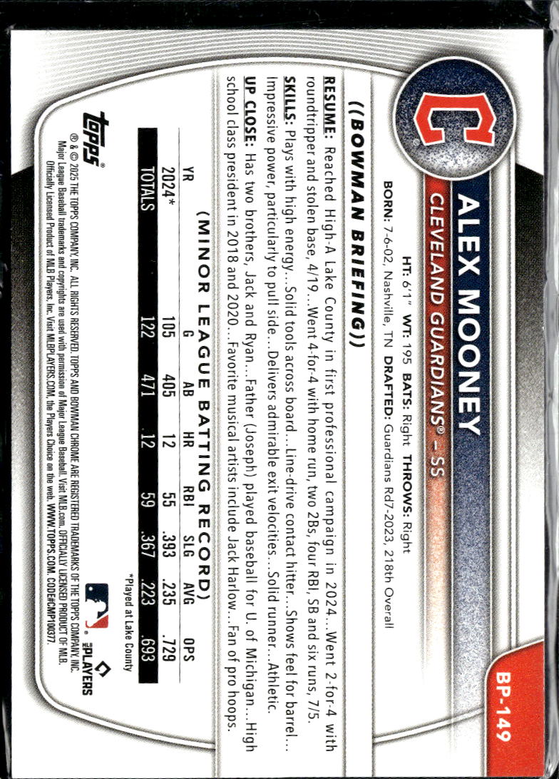 Alex Mooney 2024 Bowman 1st Sky Blue Border 79/499 Cleveland Guardians