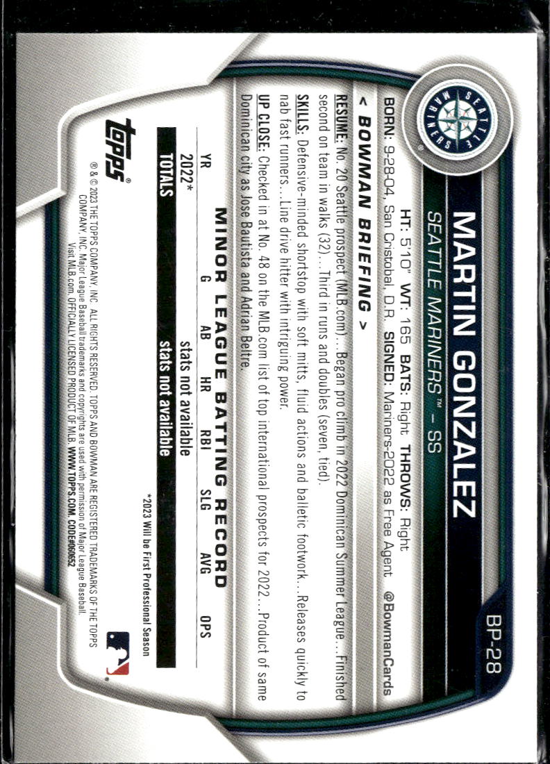 Martin Gonzalez 2023 Bowman 1st Fuchsia 236/299 Seattle Mariners