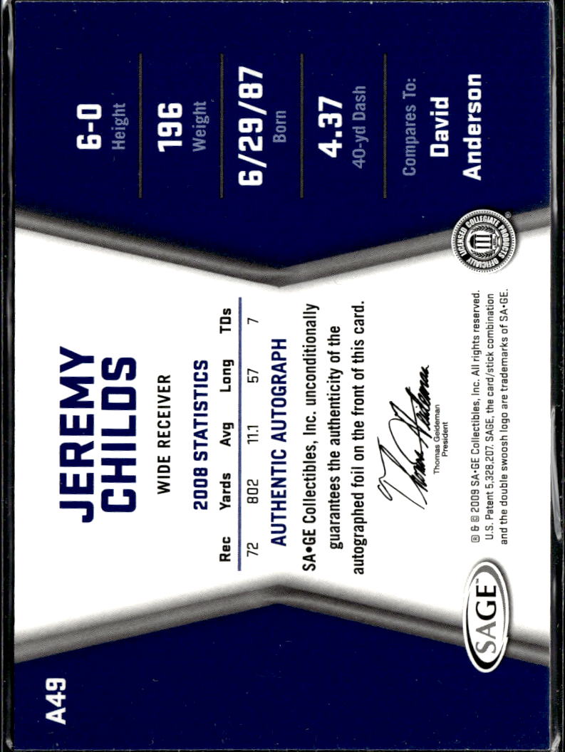 Jeremy Childs 2009 SAGE HIT Auto Autograph /250 Boise State Broncos