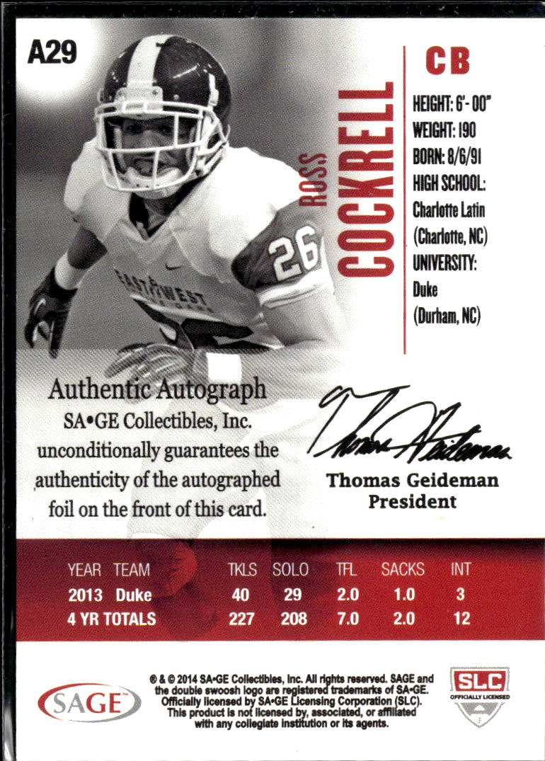 Ross Cockrell 2014 SAGE HIT Auto Autograph Rookie RC Duke Blue Devils