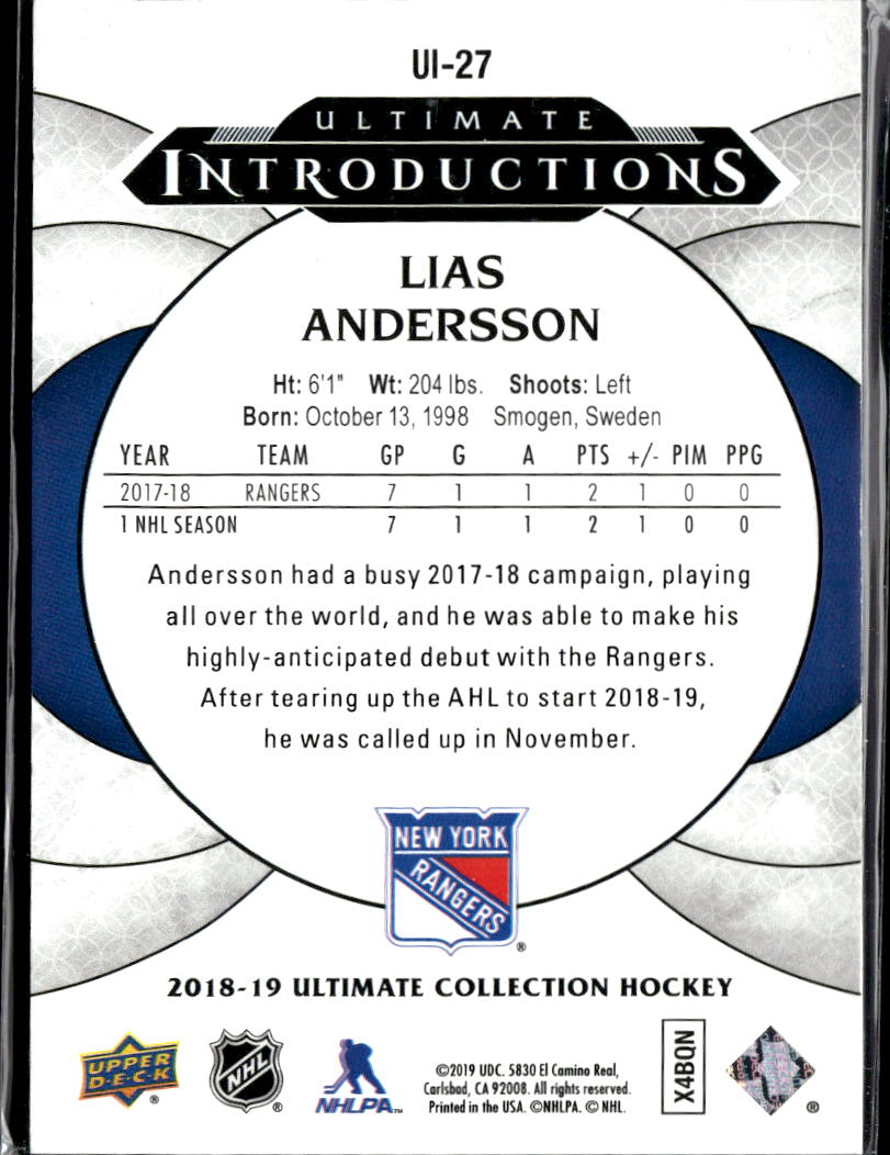 Lias Andersson 2019 Ultimate Collection Introductions RC New York Rangers