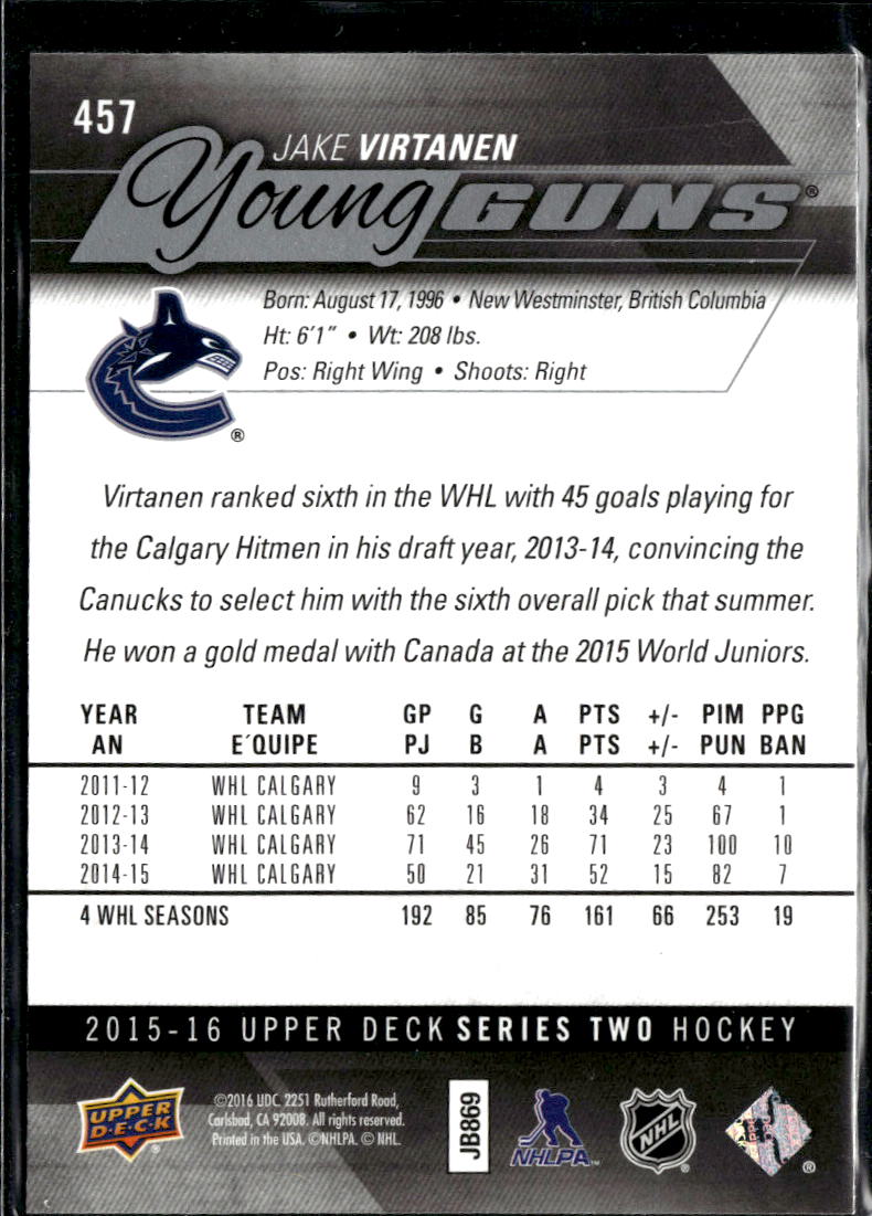Jake Virtanen 2016 Upper Deck Series Two Young Guns Vancouver Canucks