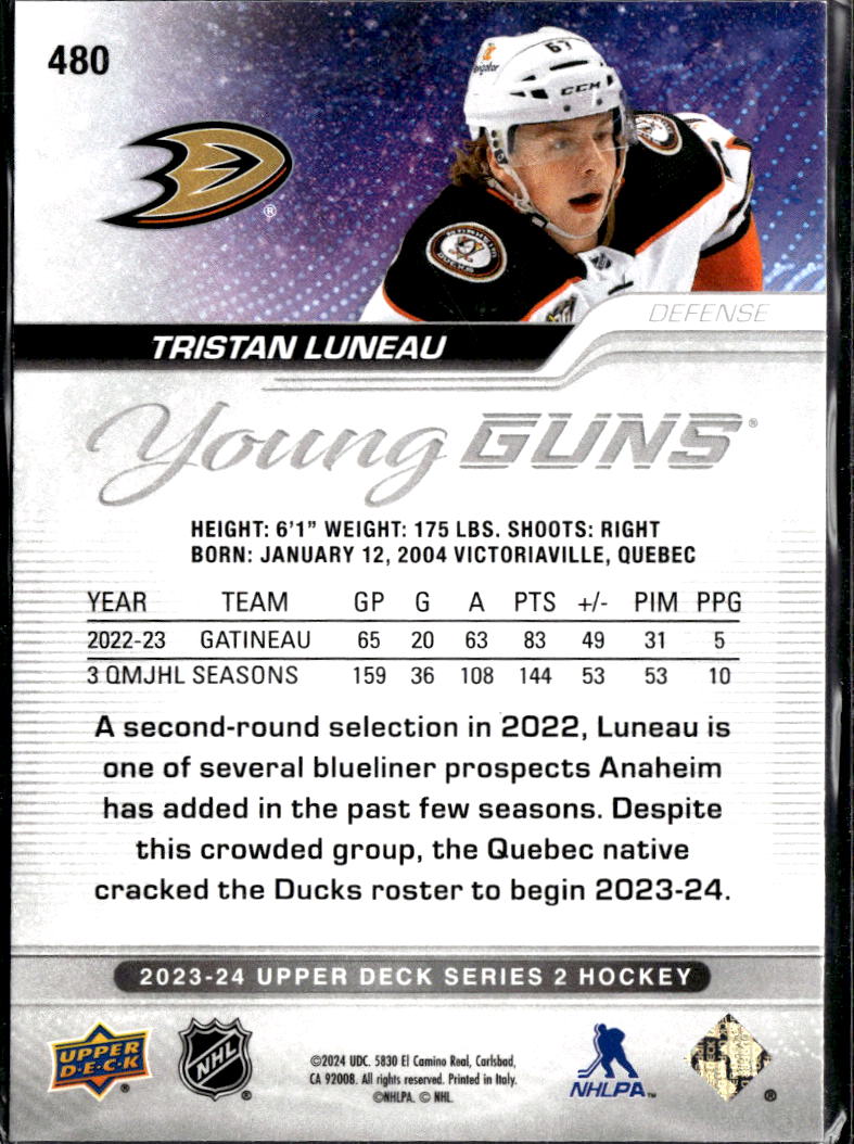 Tristan Luneau 2024 Upper Deck Series 2 Young Guns RC Anaheim Ducks