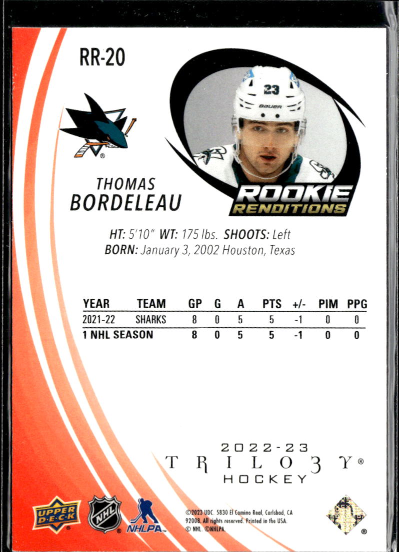Thomas Bordeleau 2023 Upper Deck Trilogy Rookie Renditions /799 San Jose Sharks