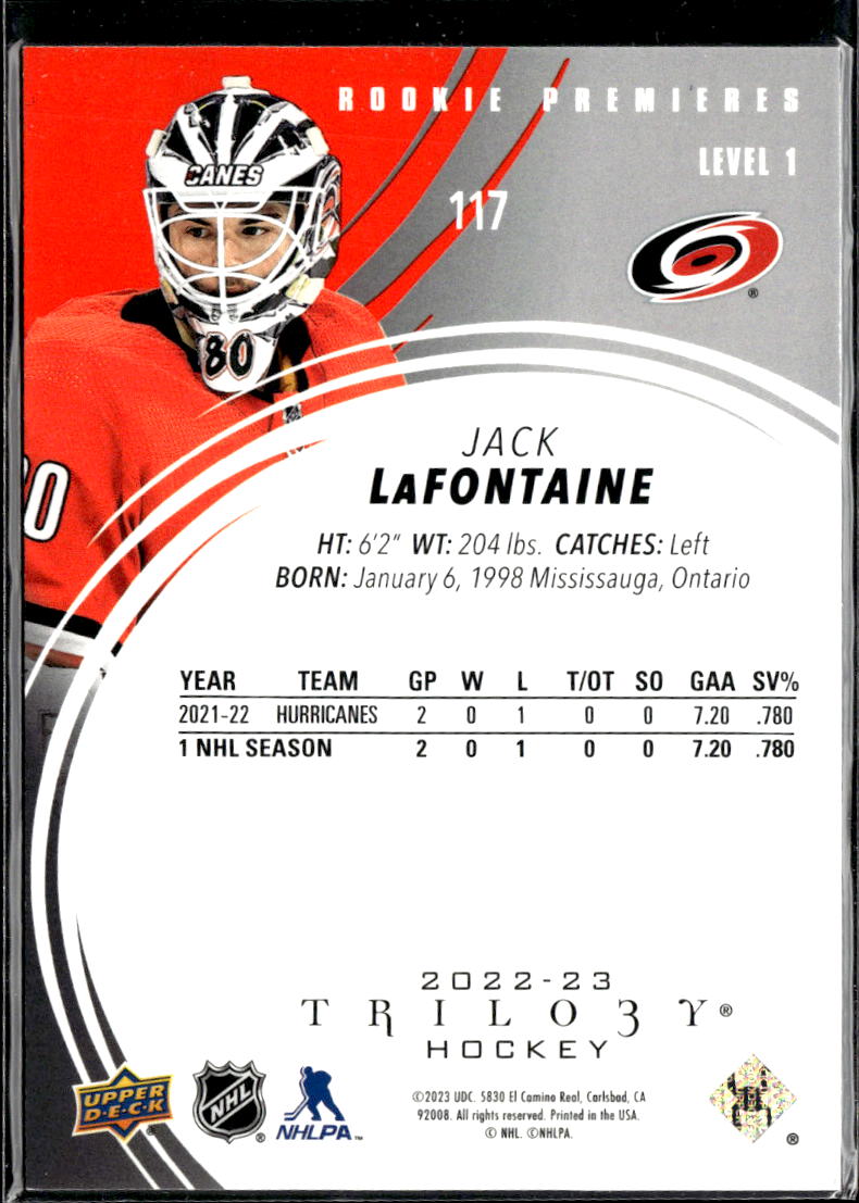 Jack LaFontaine 2023 Upper Deck Trilogy Rookie Premieres 133/299 Hurricanes