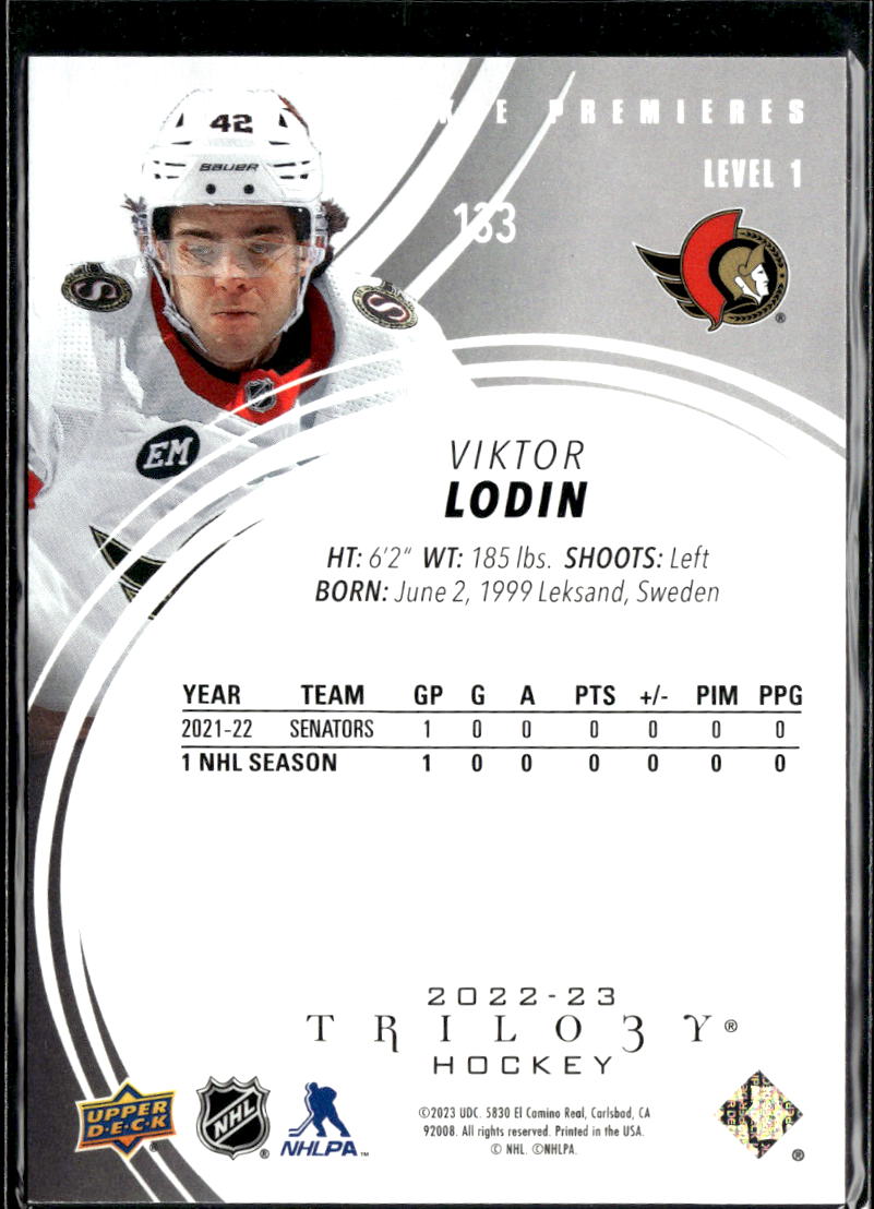 Viktor Lodin 2023 Upper Deck Trilogy Rookie Premieres /999 Ottawa Senators