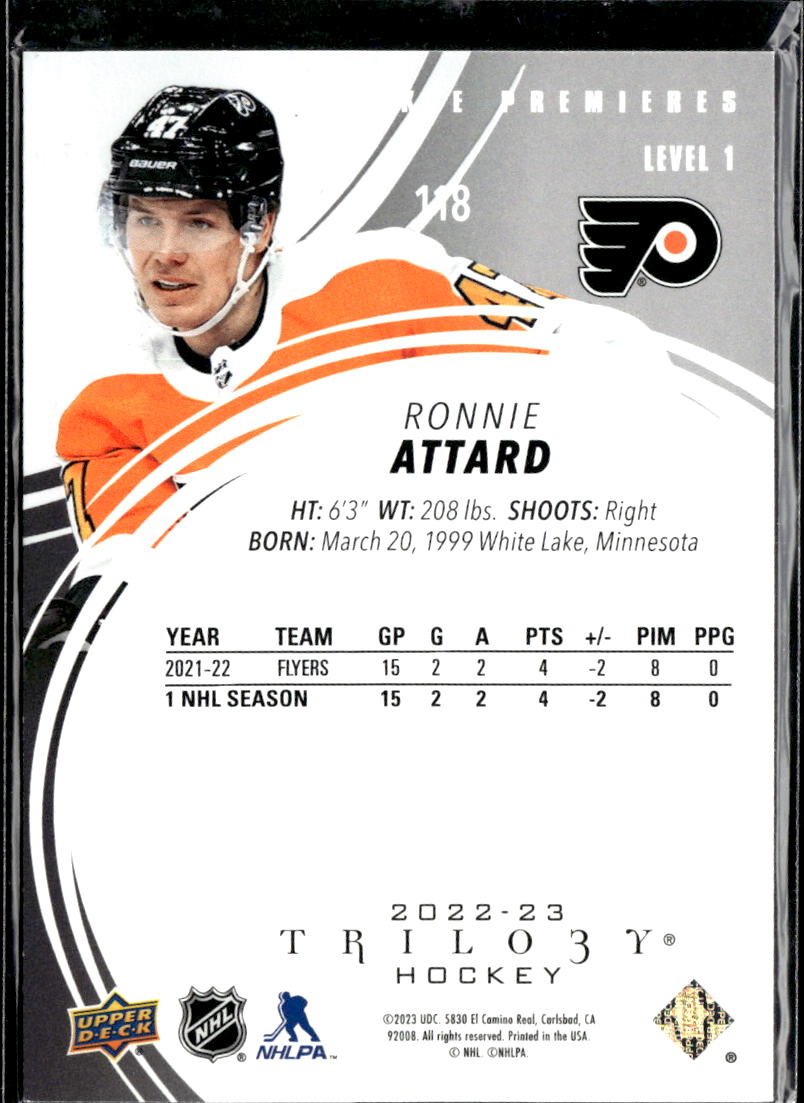 Ronnie Attard 2023 Upper Deck Trilogy Rookie Premieres /999 Philadelphia Flyers
