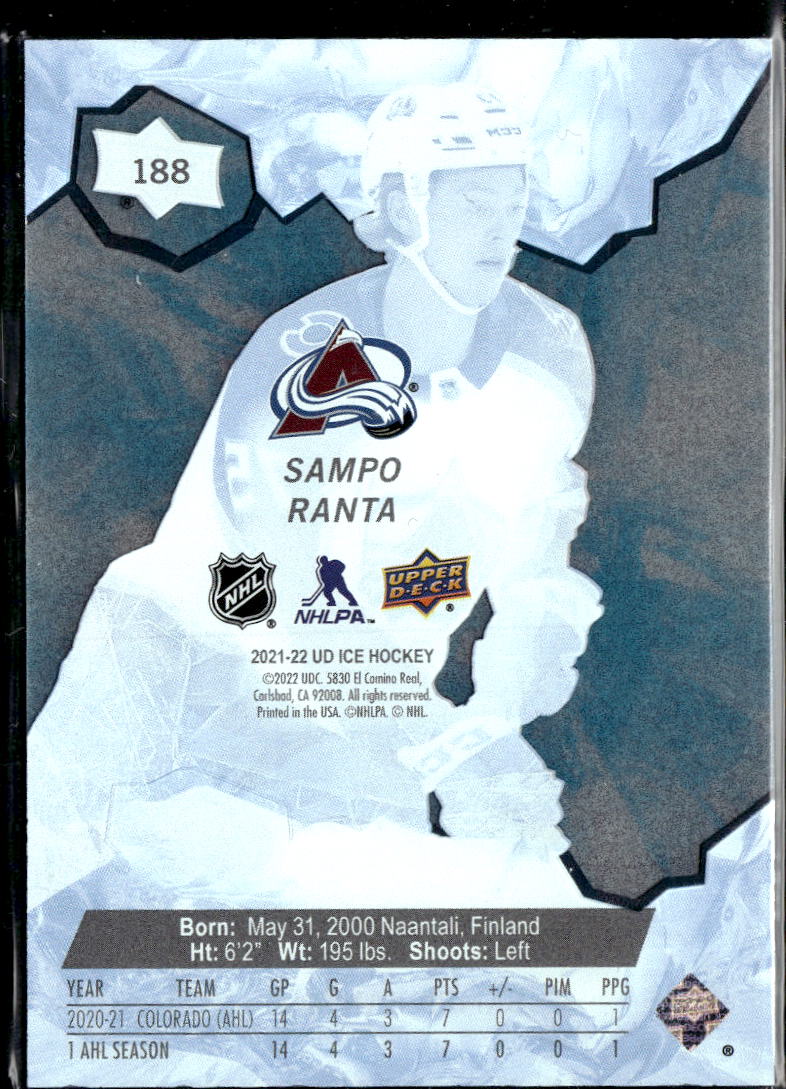 Sampo Ranta 2022 Upper Deck Ice Premieres /599 Colorado Avalanche