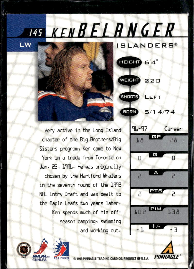 Ken Belanger 1998 Pinnacle Be A Player Auto Autograph New York Islanders