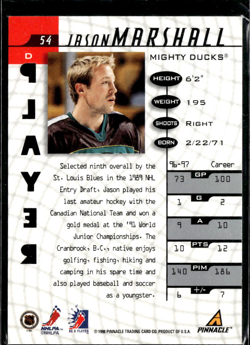 Jason Marshall 1998 Pinnacle Be A Player Auto Autograph Mighty Ducks of Anaheim
