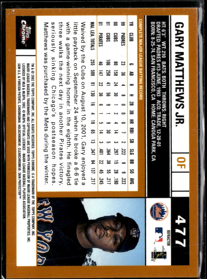 Gary Matthews Jr. 2002 Topps Chrome GOLD Refractor New York Mets
