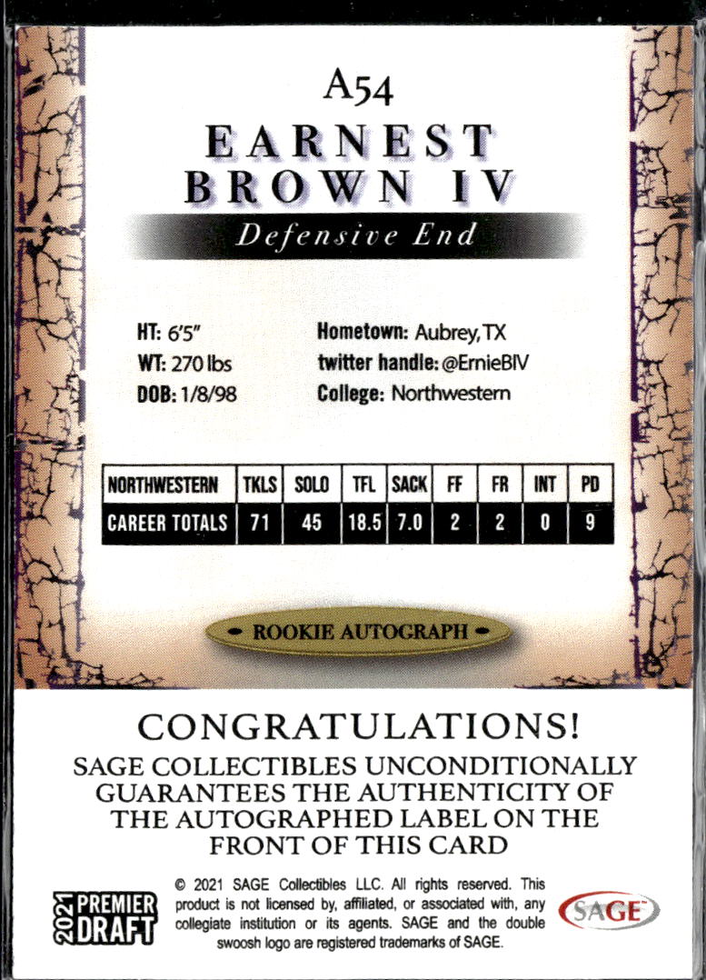 Earnest Brown IV 2021 SAGE Premier Draft Rookie Autograph Auto Northwestern