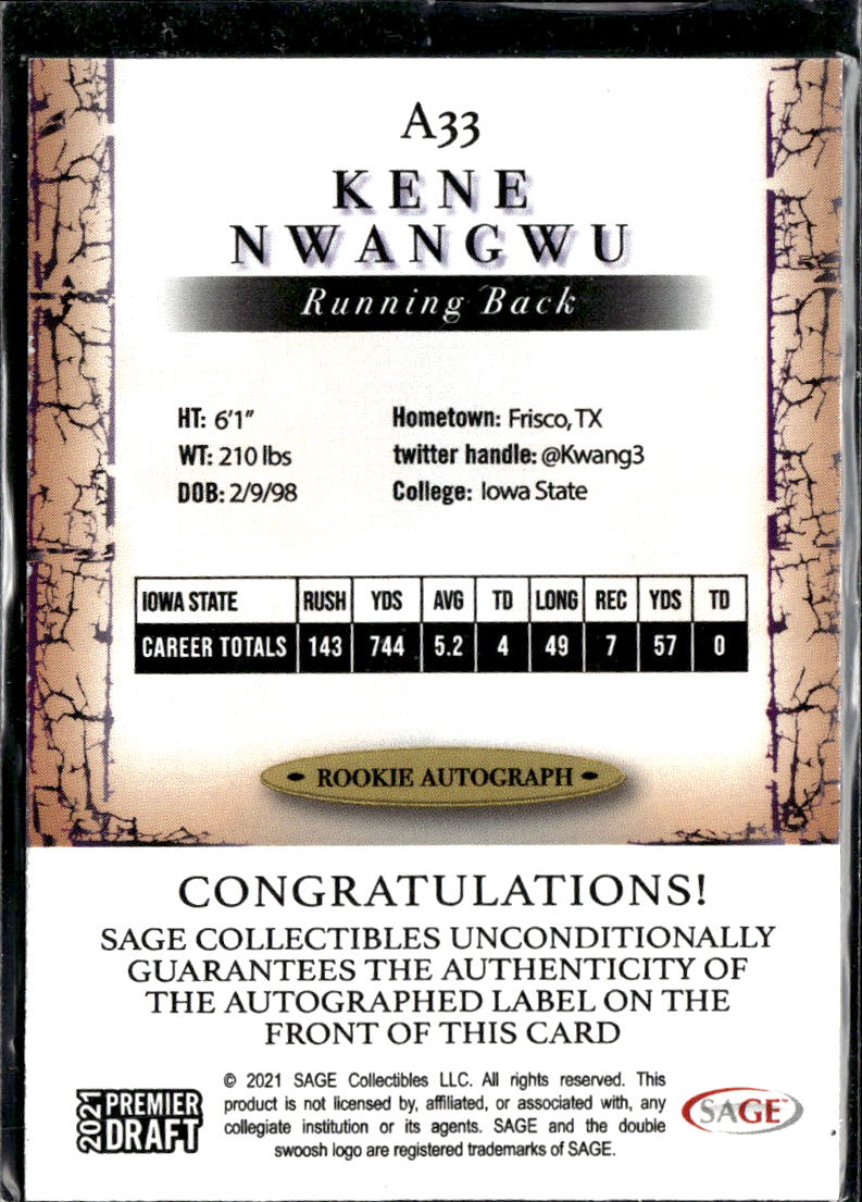 Kene Nwangwu 2021 SAGE Premier Draft Rookie Autograph Auto Iowa State