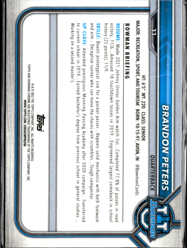 Brandon Peters 2022 Bowman University Green 1st 79/99 Illinois Fighting Illini