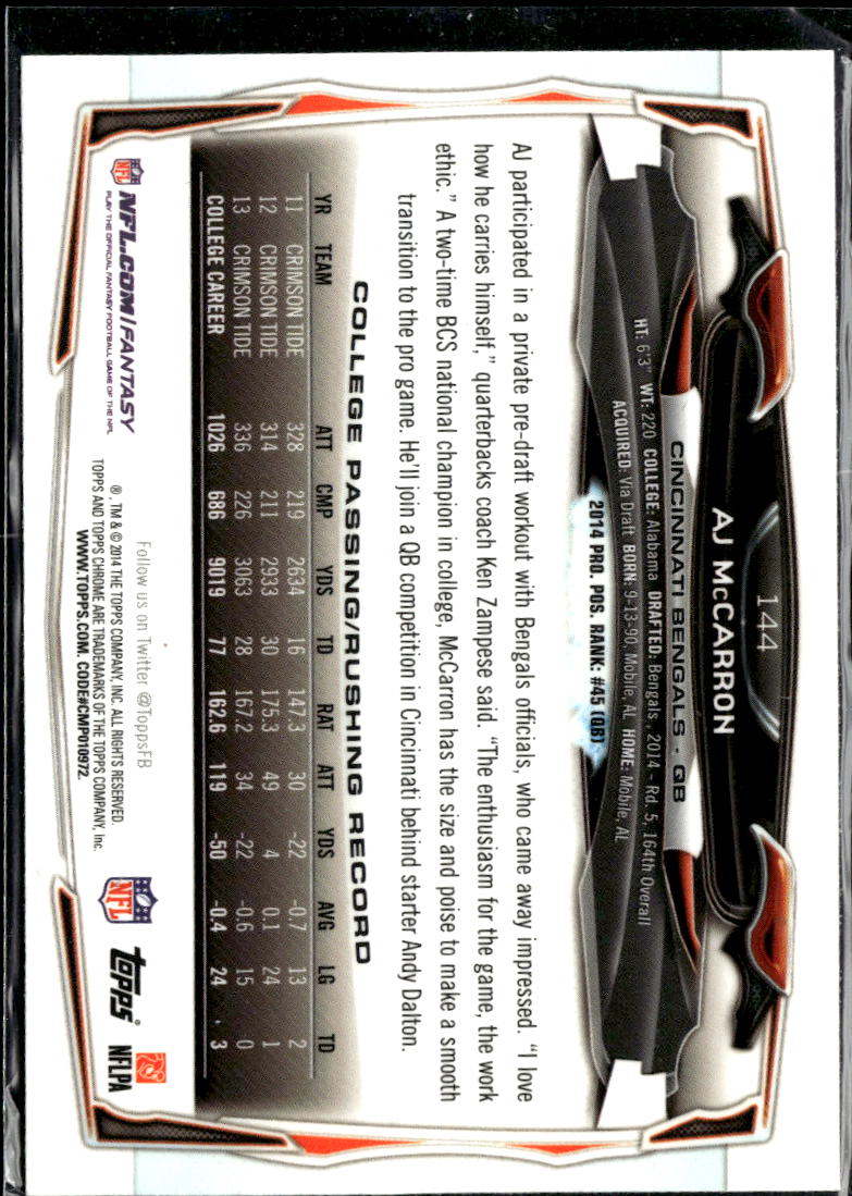 AJ McCarron 2014 Topps Chrome RC Orange Refractor Rookie Cincinnati Bengals
