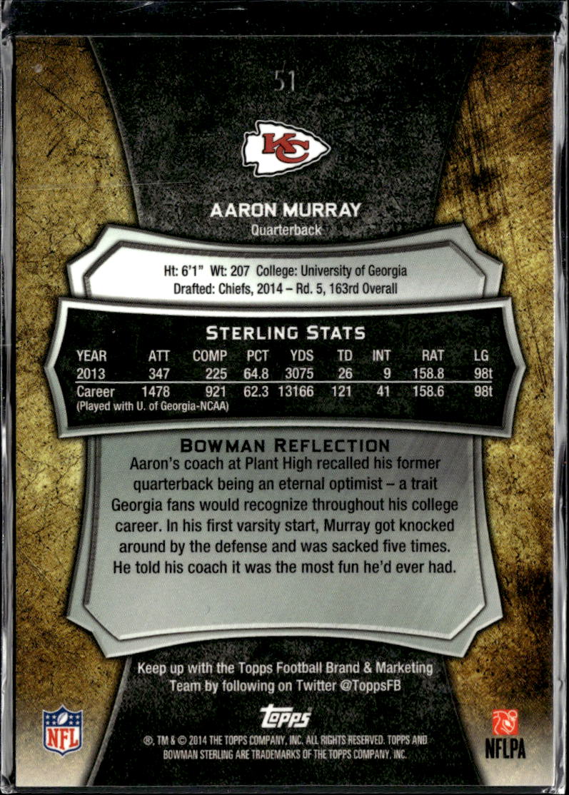 Aaron Murray 2014 Bowman Sterling RC GOLD Refractor 38/99 Kansas City Chiefs