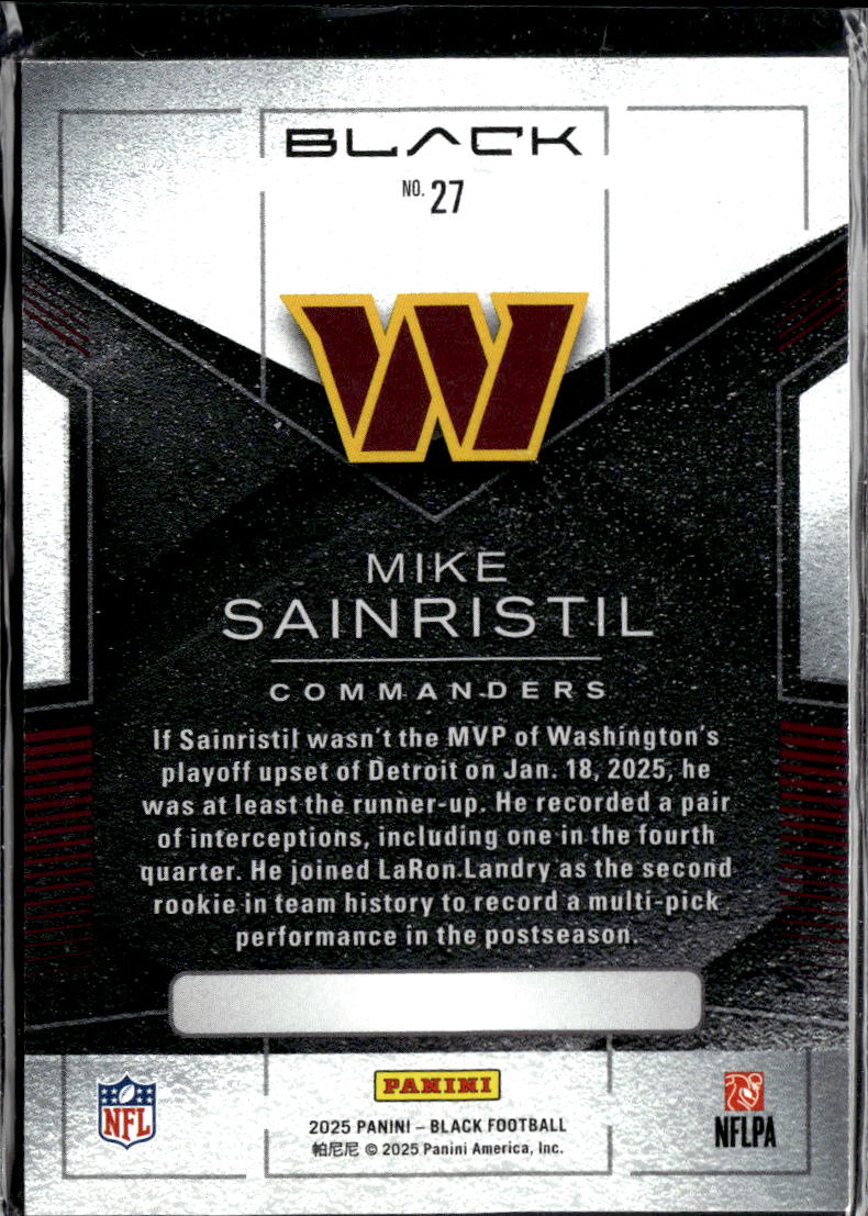 Mike Sainristil 2025 Black Football #27 Washington Commanders