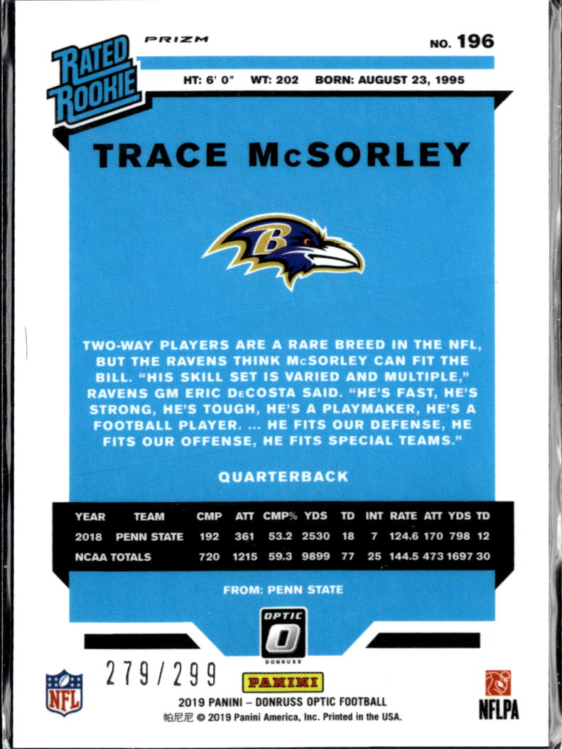 Trace McSorley 2019 Optic Rated Rookie RC Aqua 279/299 Baltimore Ravens