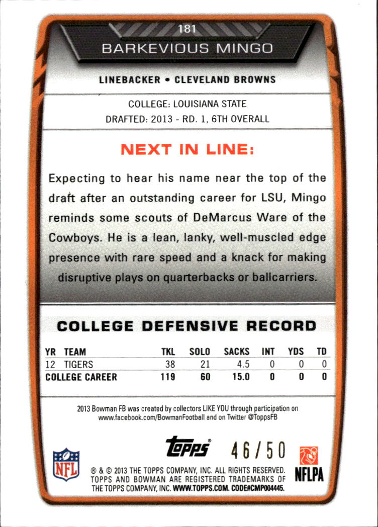 Barkevious Mingo 2013 Bowman Green Ice Rookie RC 46/50 LSU Browns