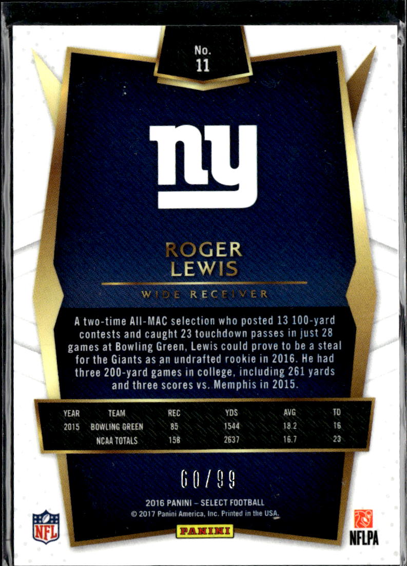 Roger Lewis 2016 Select RC Red Prizm Rookie RC 60/99 New York Giants