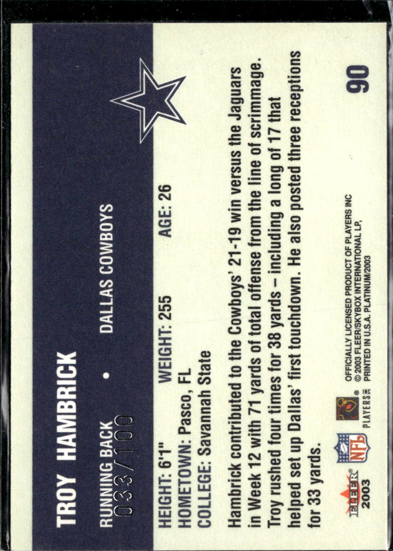 Troy Hambrick 2003 Fleer Platinum 33/100 Dallas Cowboys