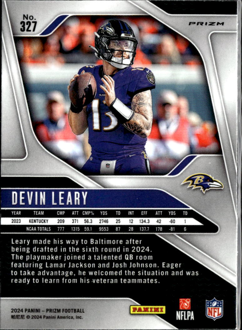 Devin Leary 2024 Panini Prizm RC Red Sparkle Prizm Rookie Baltimore Ravens