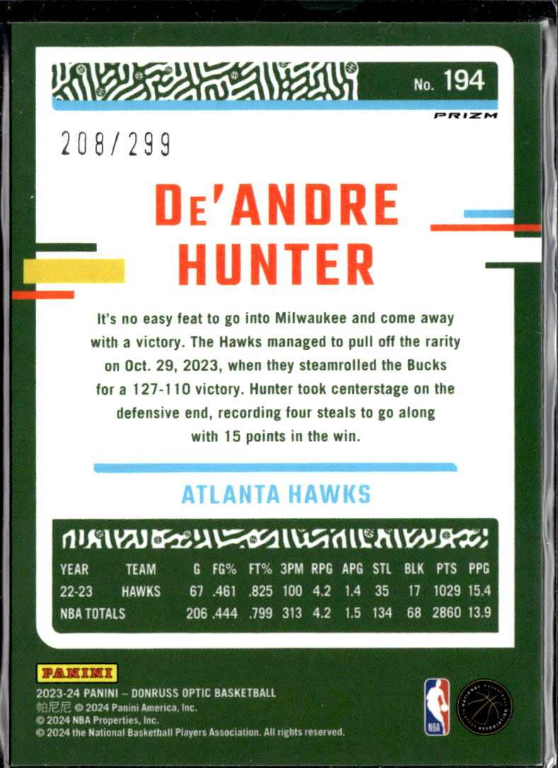 De'Andre Hunter 2024 Optic Red Velocity Prizm 208/299 Atlanta Hawks