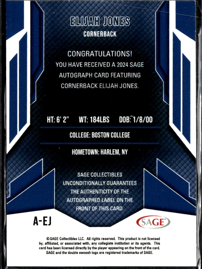 Elijah Jones 2024 SAGE Auto Autograph RC Boston College Eagles