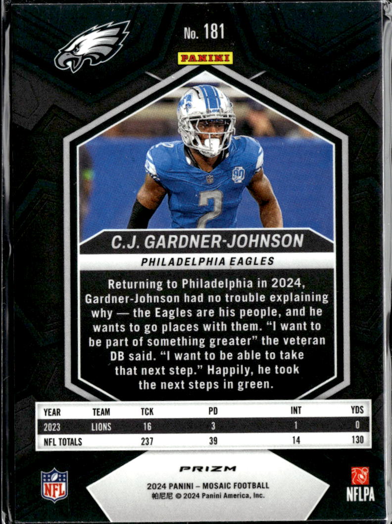 C.J. Gardner-Johnson 2024 Mosaic Red Sparkle Prizm Lions Philadelphia Eagles