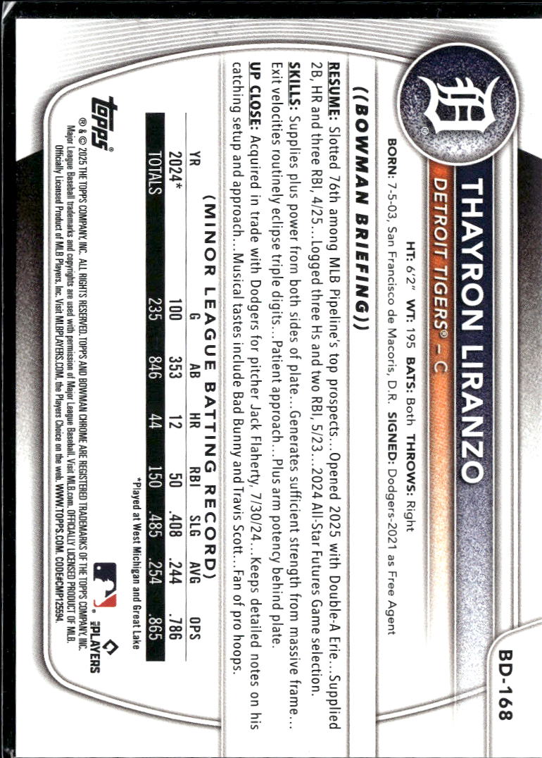 Thayron Liranzo 2025 Bowman Draft Sky Blue 144/499 Detroit Tigers