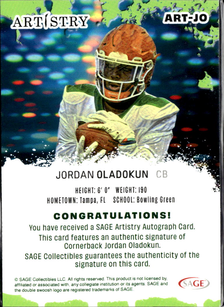 Jordan Oladokun 2024 SAGE Artistry Auto Autograph Rookie RC Bowling Green