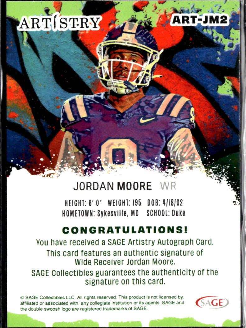 Jordan Moore 2022 SAGE Artistry Auto Autograph RC Duke Blue Devils