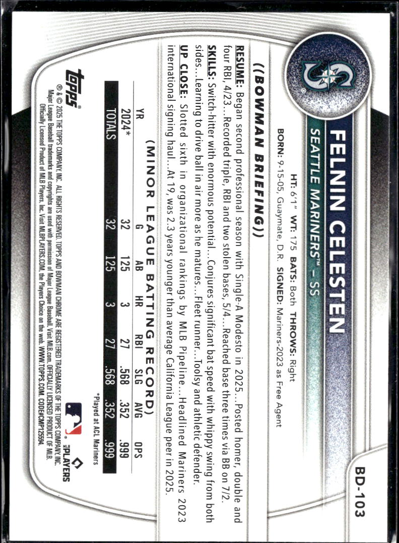 Felnin Celesten 2025 Bowman Sky Blue 477/499 Seattle Mariners