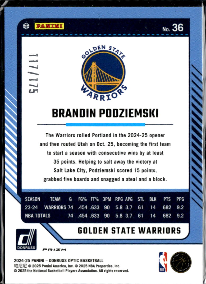 Brandin Podziemski 2024-25 Optic Orange Prizm 117/175 Golden State Warriors
