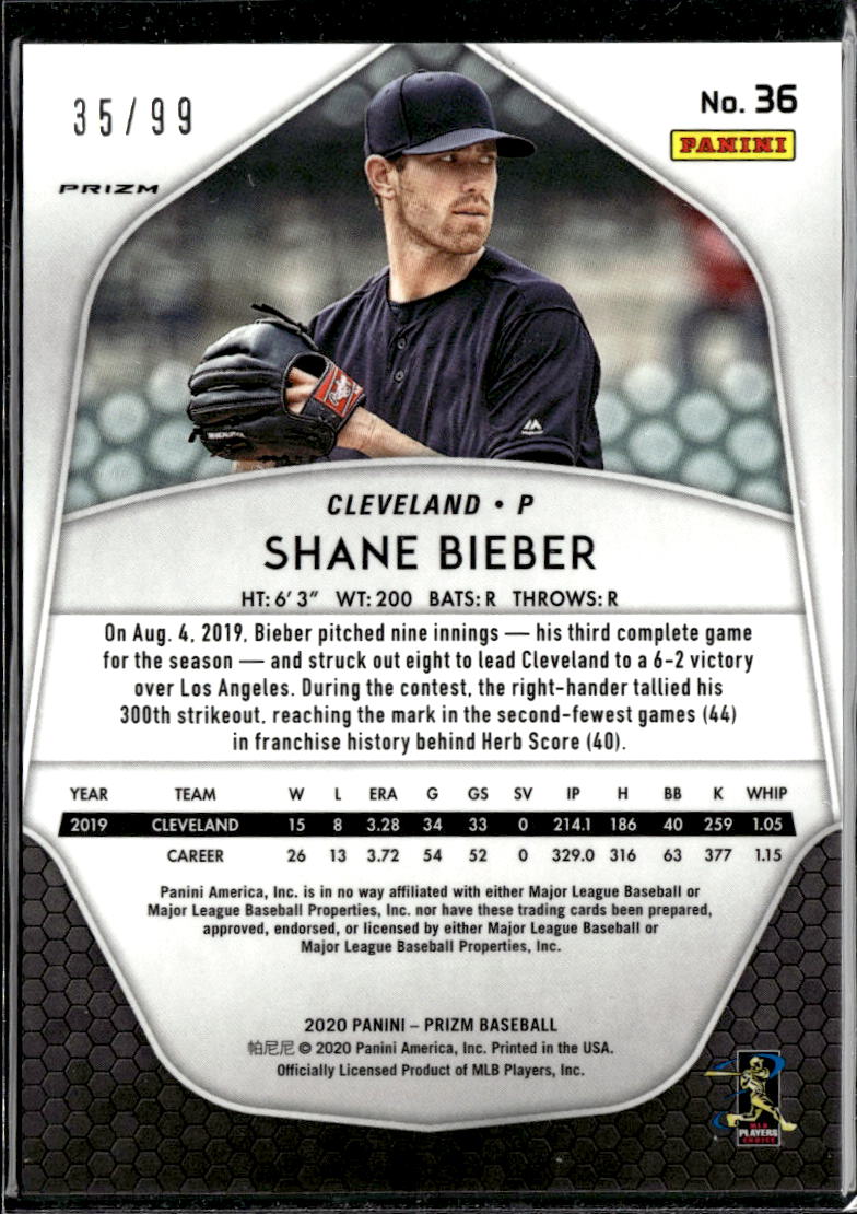 Shane Bieber 2020 Panini Prizm Red Wave Prizm 35/99 Cleveland Indians