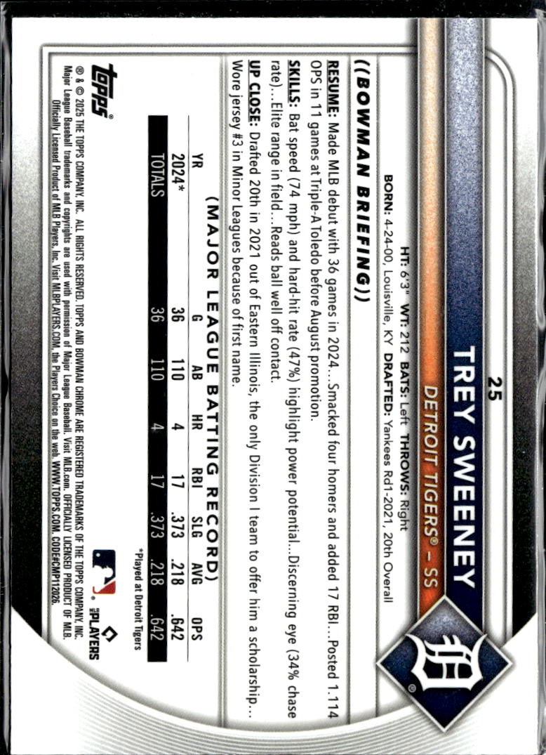 Trey Sweeney 2025 Bowman Chrome RC Purple Refractor /299 Detroit Tigers