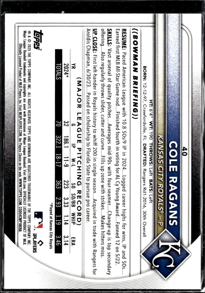 Cole Ragans 2025 Bowman Yellow Parallel 38/75 Kansas City Royals
