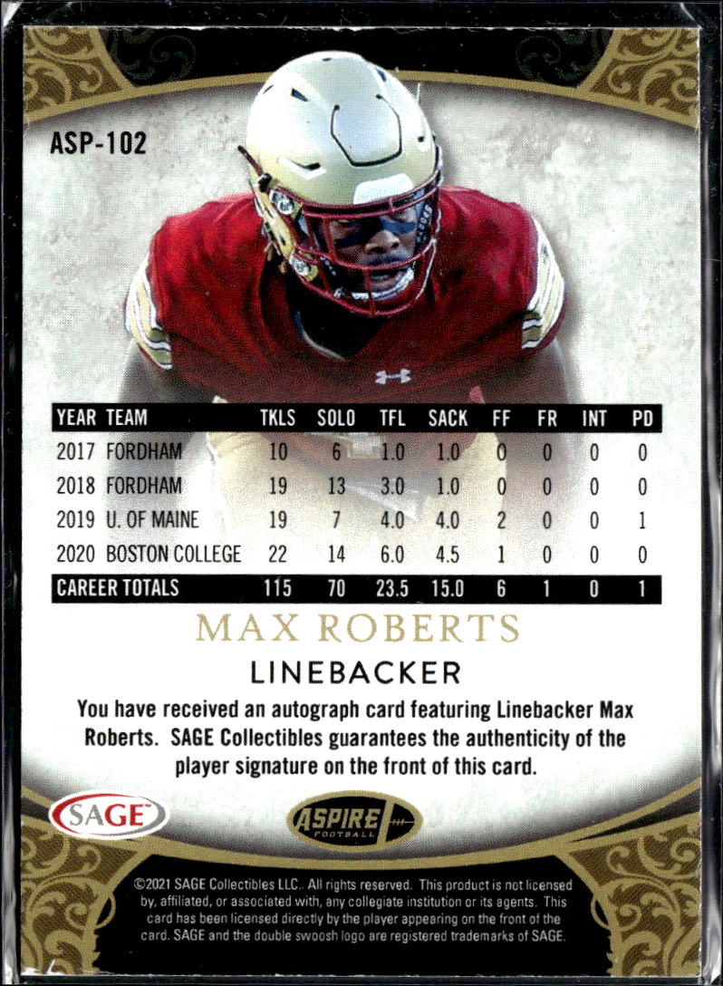 Max Roberts 2021 SAGE Aspire Auto Autograph RC Los Angeles Rams