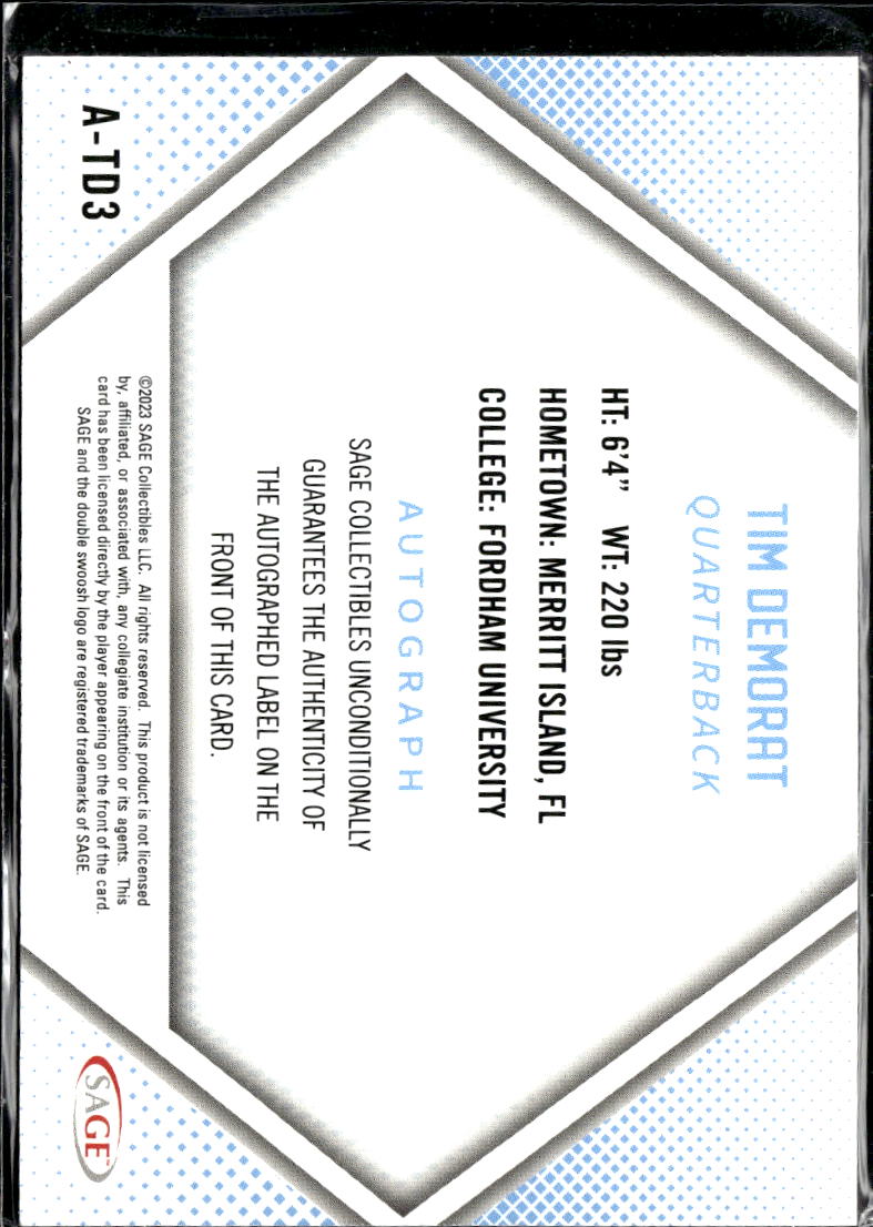Tim DeMorat 2023 SAGE Auto Autograph Rookie Fordham Rams