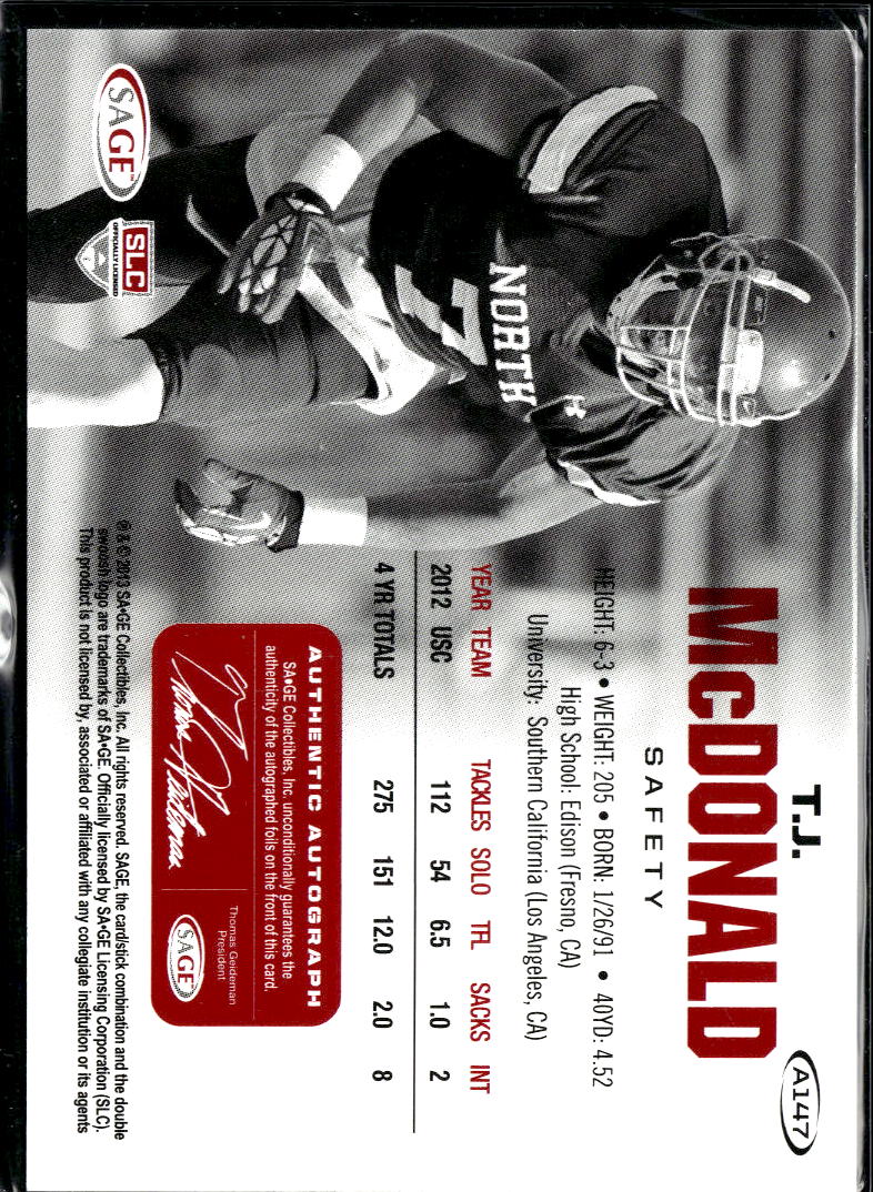 T.J. McDonald 2013 SAGE HIT Auto Autograph RC USC Trojans