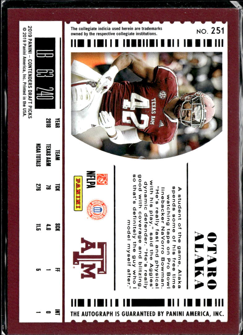 Otaro Alaka 2019 Contenders Auto Autograph Rookie RC Texas A&M Aggies