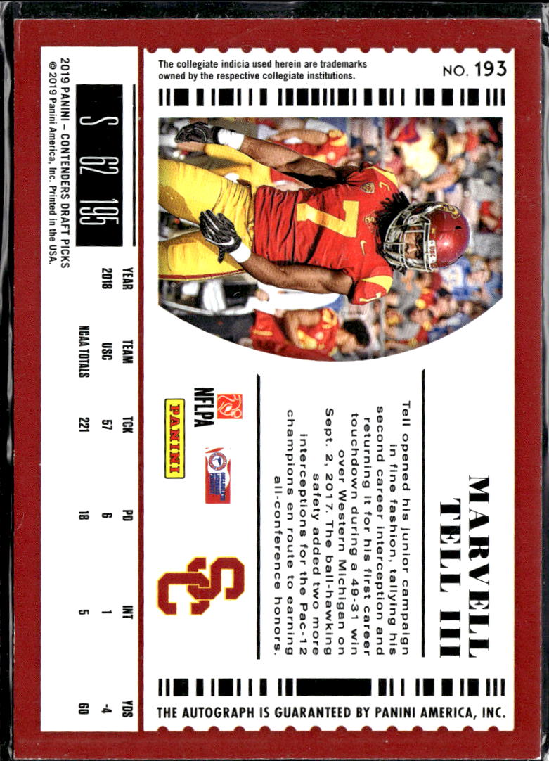 Marvell Tell III 2019 Contenders Draft Picks RC Auto Autograph USC Trojans