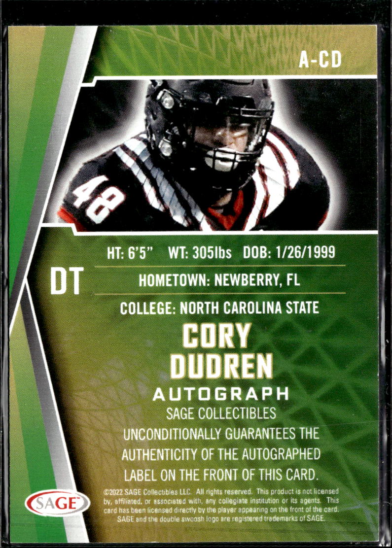 Cory Durden 2022 SAGE Auto Autograph RC North Carolina State Wolfpack