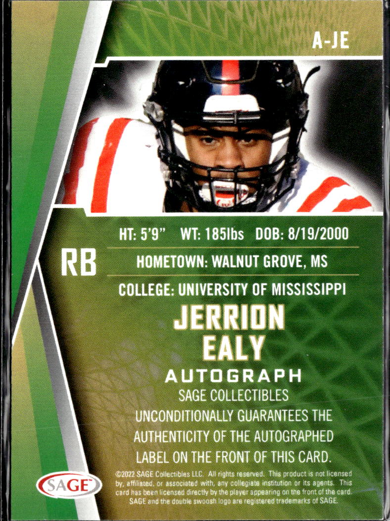 Jerrion Ealy 2022 SAGE Autographs Auto Autograph RC rookie Ole Miss