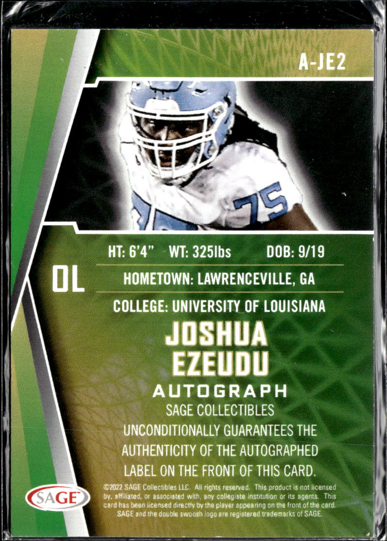 Joshua Ezeudu 2022 SAGE Collectibles Auto Autograph RC Louisiana