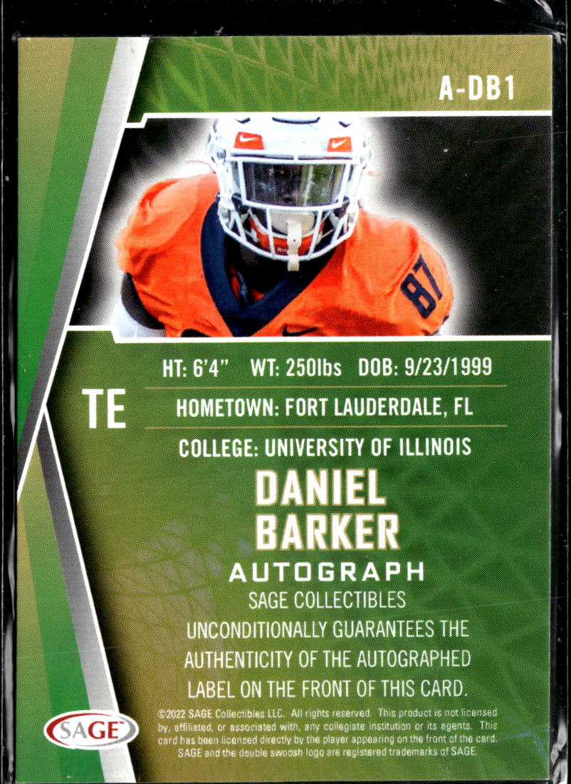 Daniel Barker 2022 SAGE Auto Autograph RC Illinois Fighting Illini